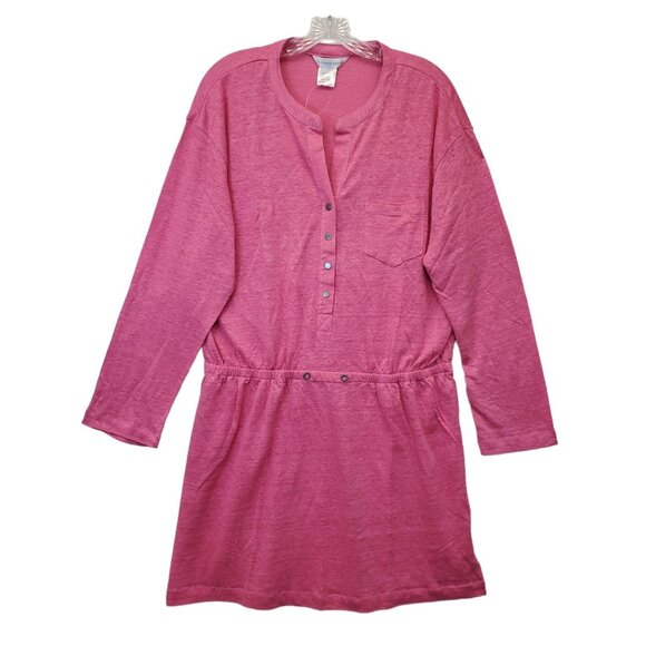 THE COMPANY STORE Shirt Dress Womens L Knee Length Pink Linen Henley NWT - Picture 1 of 13